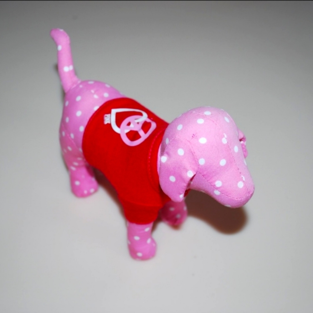 VS pink polka dot dog. Small